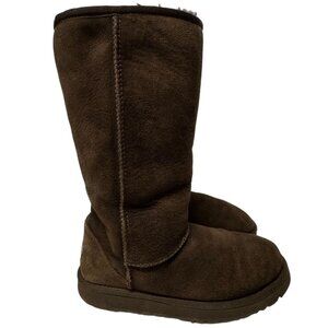 UGG Classic Tall Boot Youth 4 Dark Brown Suede Sheepskin Shearling Lined PullOn